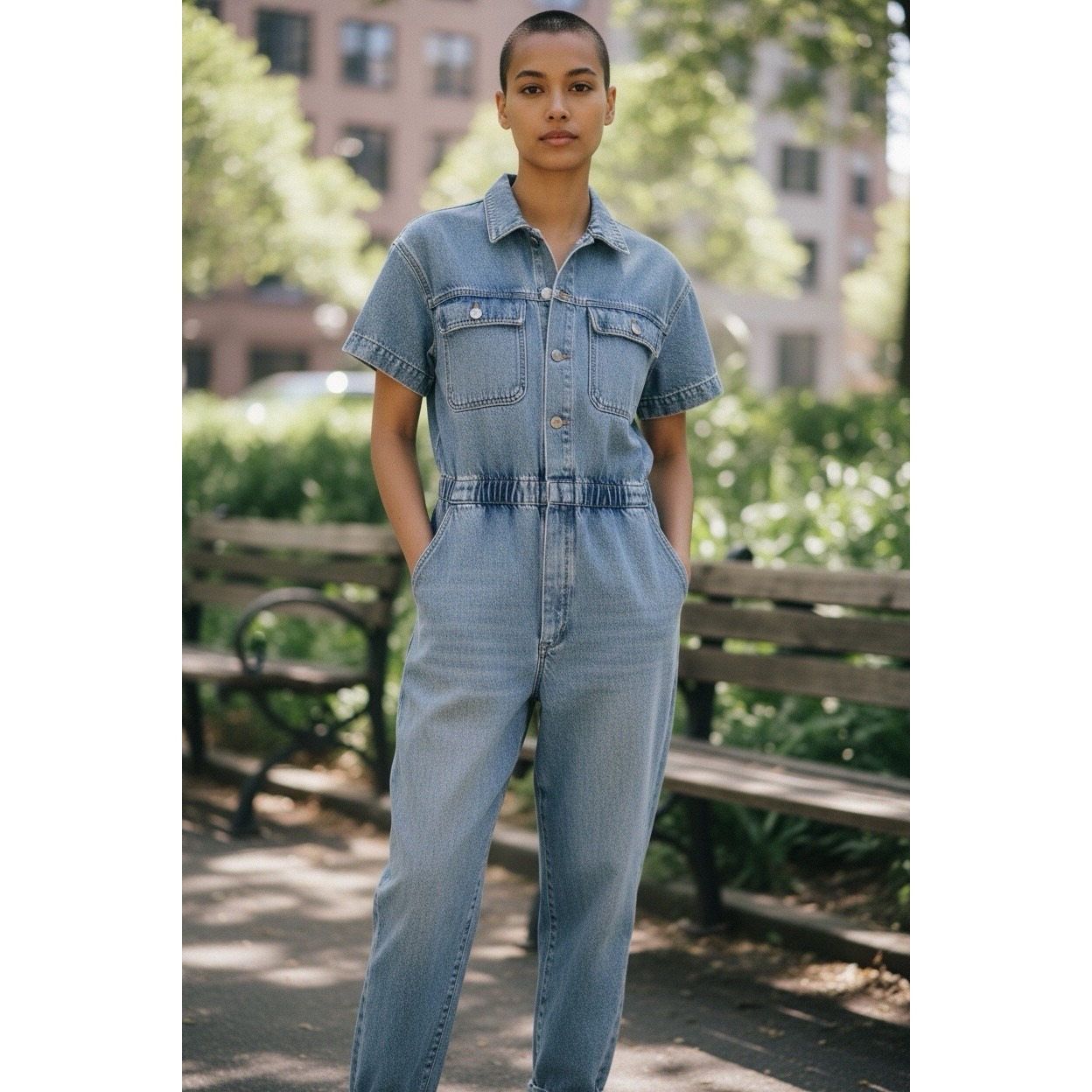 We The Free Jumpsuit Size Medium Blue Denim Coveralls Short Sleeve Pockets